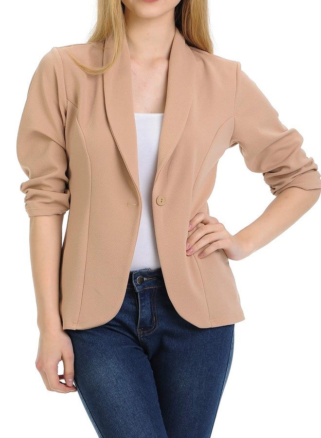MINEFREE Women's 3/4 Ruched Sleeve Lightweight Work Office Blazer Jacket Mocha S - Image 1